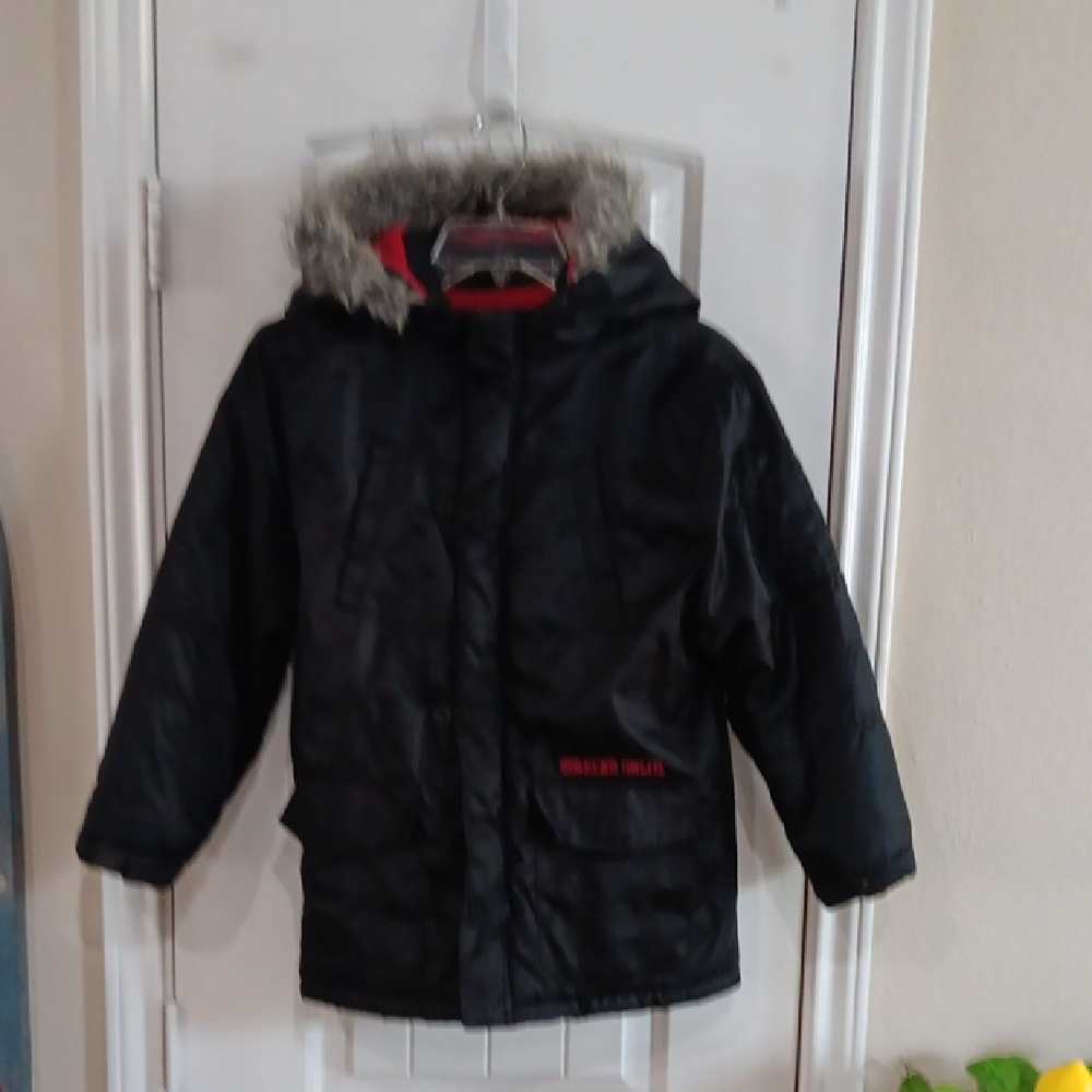 Vintage Ecko Unltd Y2K Boys Black Heavy Parka Jacket Size 7 Red Fleece Lined